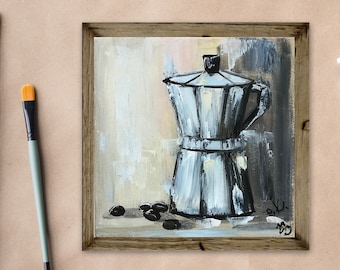 Coffee Maker Oil Painting Original Kitchen Still Life Wall Art French Country Decor, 6x6