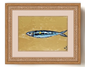 Sardine art original painting Sardines still life oil painting miniature French country kitchen art 4x6