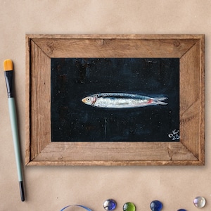Sardine art original painting Sardines still life oil painting miniature Anchovy fish painting French country kitchen art 4x6