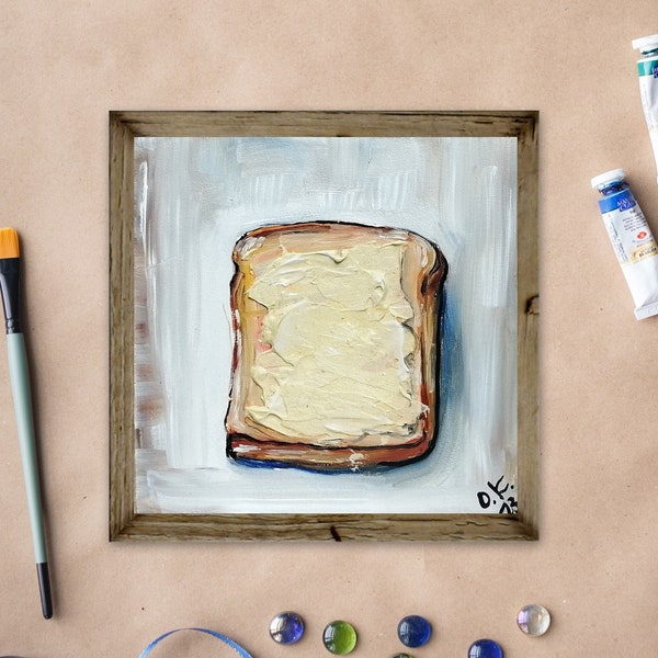 Butter art toast original painting Impasto still life oil painting moody food wall art small 3d kitchen wall art 6x6
