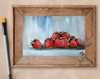 Strawberry painting original miniature art Small still life oil painting fruit wall art strawberry decor minimalist kitchen art 4x6