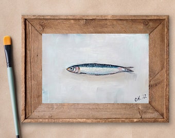 Sardine art original painting Sardines still life oil painting miniature Anchovy fish painting French country kitchen art 4x6