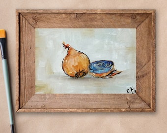 Onion Oil Painting Original Kitchen Still Life Art Vegetable Food Artwork Farmhouse Decor, 4x6