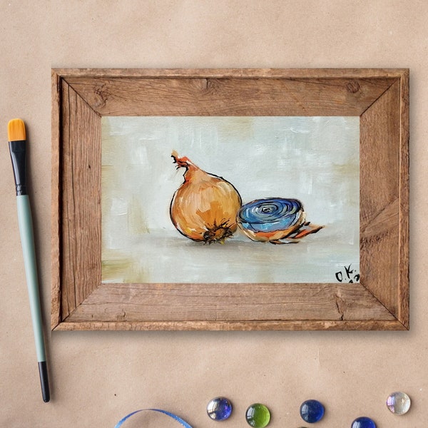 Onion original painting miniature art Small oil painting still life original food art kitchen wall art 4x6