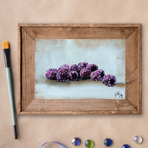 Raspberry original oil painting miniature art Small still life oil painting moody fruit wall art raspberries artwork kitchen art 4x6