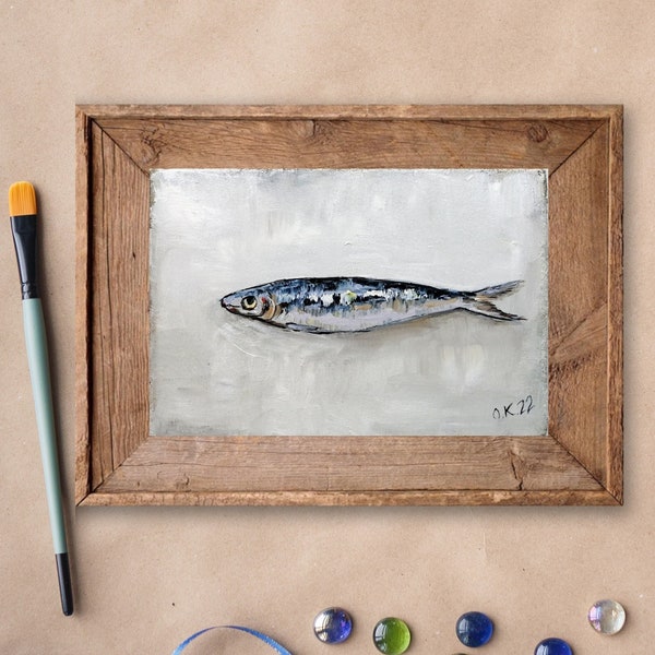 Peinture originale d'art de sardines Peinture à l'huile de nature morte de sardines miniature Art de cuisine de campagne française 4 x 6