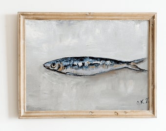 Sardine art PRINT painting Sardines still life oil painting miniature French country kitchen art Neutral PRINTABLE wall art digital