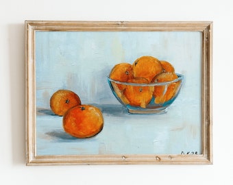 Clementine still life oil painting fruit Moody french country citrus wall art Small kitchen art 8 by 10