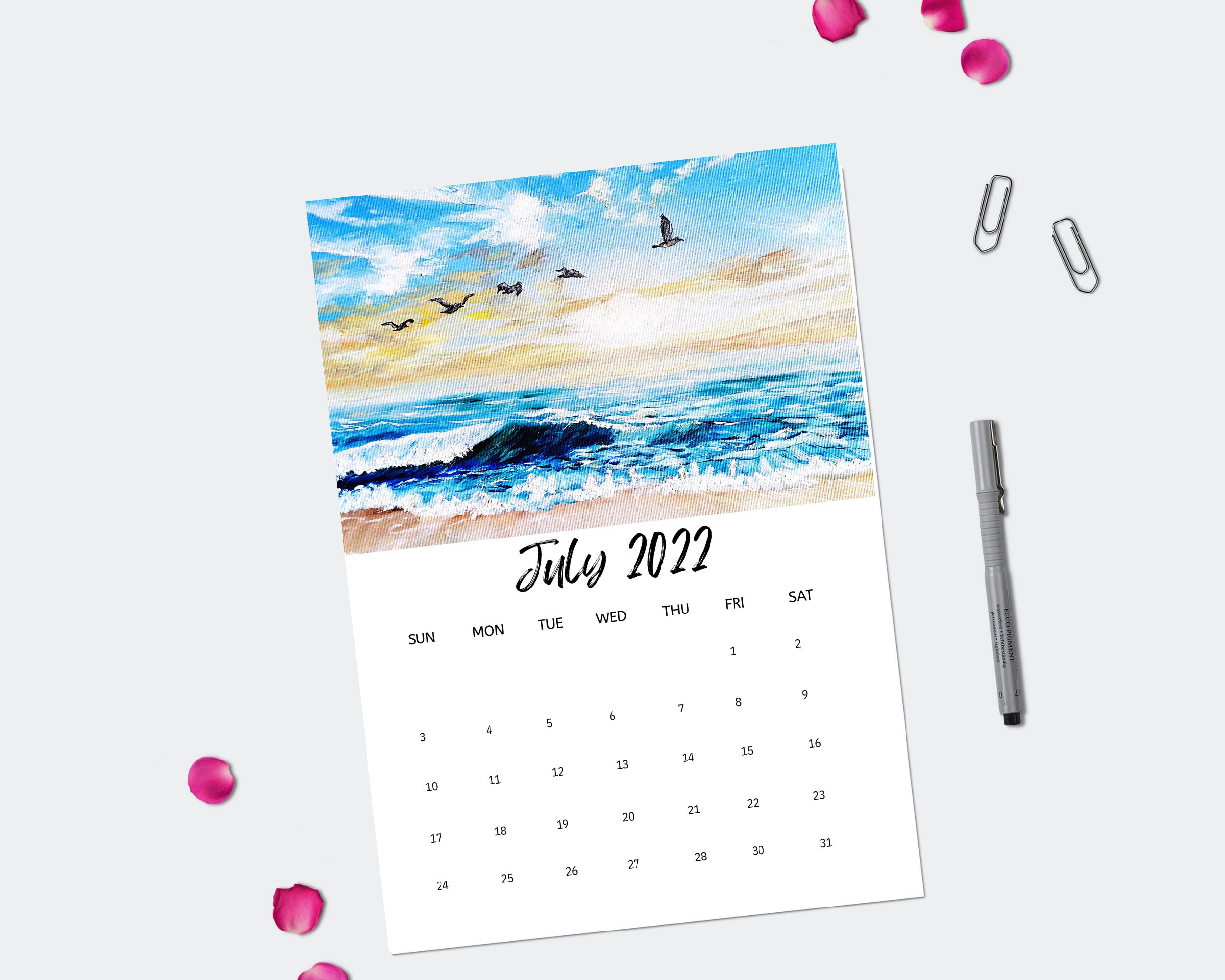 July Printable Calendar 2022 Beach Wall Calendar PNG PDF Etsy