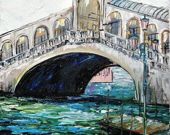 Venice Canal Oil Painting Italian Rialto Bridge Original Italy Art, 6x6