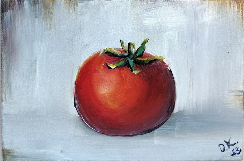 May include: A single, ripe red tomato with a green stem and leaves, painted in oil on a white canvas.