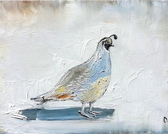 May include: An oil painting on canvas featuring a California quail with blue, gray, and yellow plumage. The bird has a distinctive curved crest on its head and stands on a dark blue shadow. The background is a textured, off-white impasto surface.
