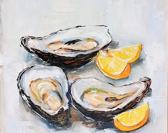 Oyster & Lemon Oil Painting Original Moody Still Life Sea Food Artwork Farmhouse Kitchen Wall Art 8x8
