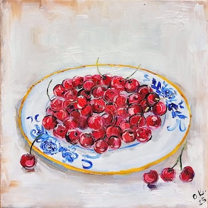 Cherry art original painting Cherries still life oil painting French country kitchen art fruit on blue vintage plate wall art 8x8