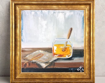 Still Life Honey Jar Oil Painting Original Bee Artwork Hand-Painted Rustic Kitchen Wall Decor Bee Gift 6x6