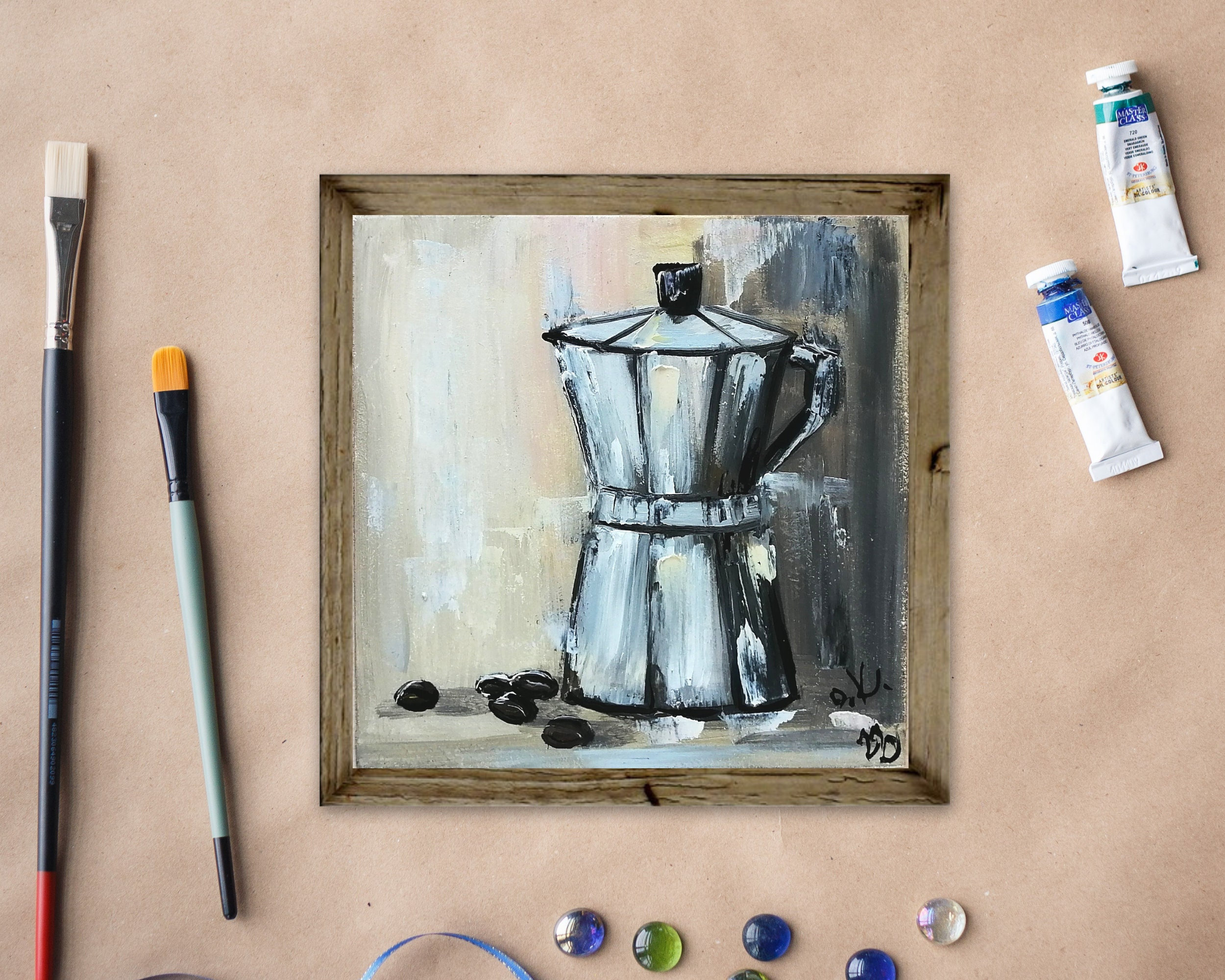 Coffee Maker Oil Painting Original Kitchen Still Life Wall Art