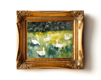 Small Oil Painting of Five Ducks in meadow Original Animal Art for Home hand painted  goose wall art decor Rustic landscape artwork 8x10