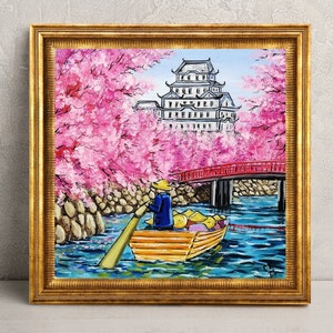 Sakura Painting: Mount Fuji Cherry Blossom Japan Art, 8x8 Original Oil Painting