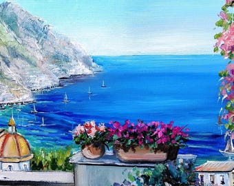 Amalfi Coast Italy Oil Painting Original Italian Seascape Capri Beach Flowers Canvas Art 8x12