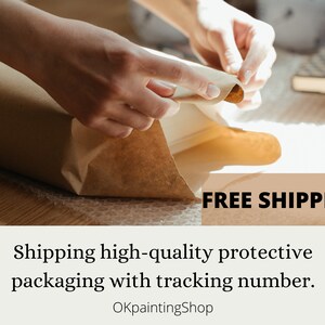 May include: A person is packing a brown paper package. The package is on a wooden surface with bubble wrap underneath. The text 'FREE SHIPPING' is on a tan banner below the package. The text below the banner reads 'shipping high-quality protective packaging with tracking number. OKpaintingShop'. Greece wall art oil painting Canvas Santorini greece art Greek island oil painting