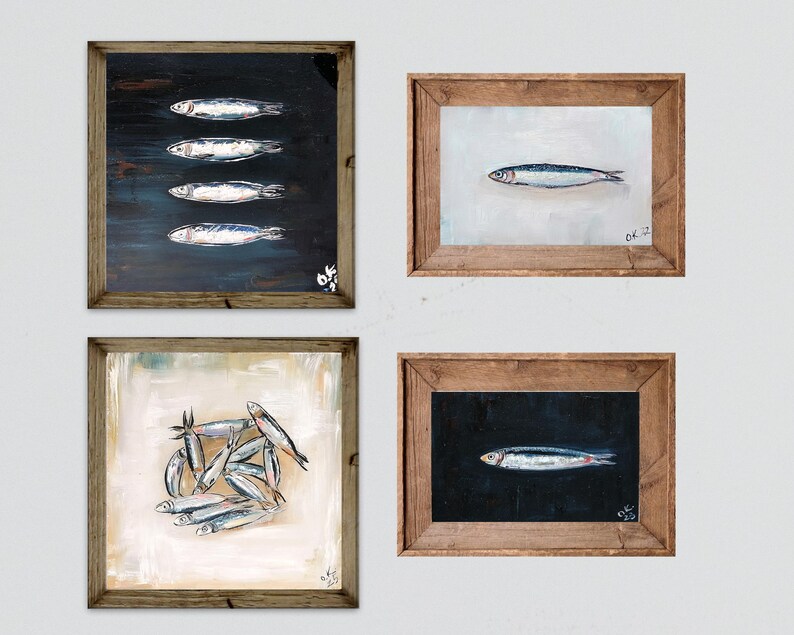 May include: Four framed fish paintings. The top left painting has four fish on a dark background. The top right painting has one fish on a white background. The bottom left painting has a group of fish on a white background. The bottom right painting has one fish on a dark background.