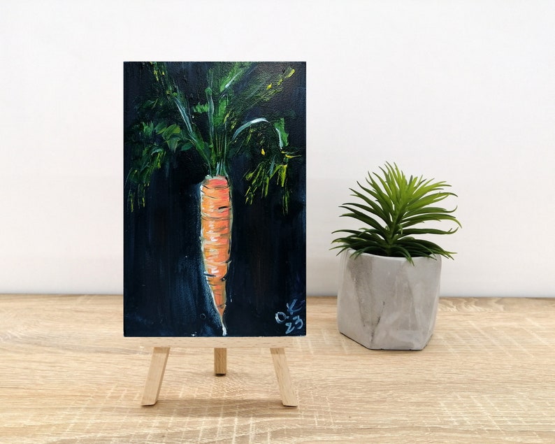 Peinture originale d'art de carotte, peinture à l'huile de nature morte végétale miniature, art de cuisine de campagne française 6 x 4 Oil painting+easel