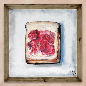 Fraise et beurre sur pain grillé, peinture art culinaire original, nature morte, peinture à l'huile, beurre de mauvaise humeur, art mural 6 x 6