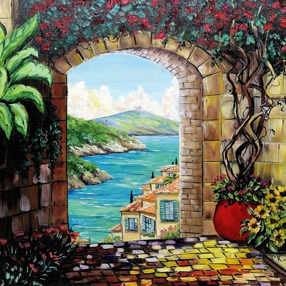 Amalfi Coast Oil Painting Italy Original Italian Seascape Wisteria