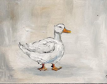 Duck painting original miniature art Vintage small goose oil painting  farmhouse kitchen wall art country decor moody minimalist art 4x6
