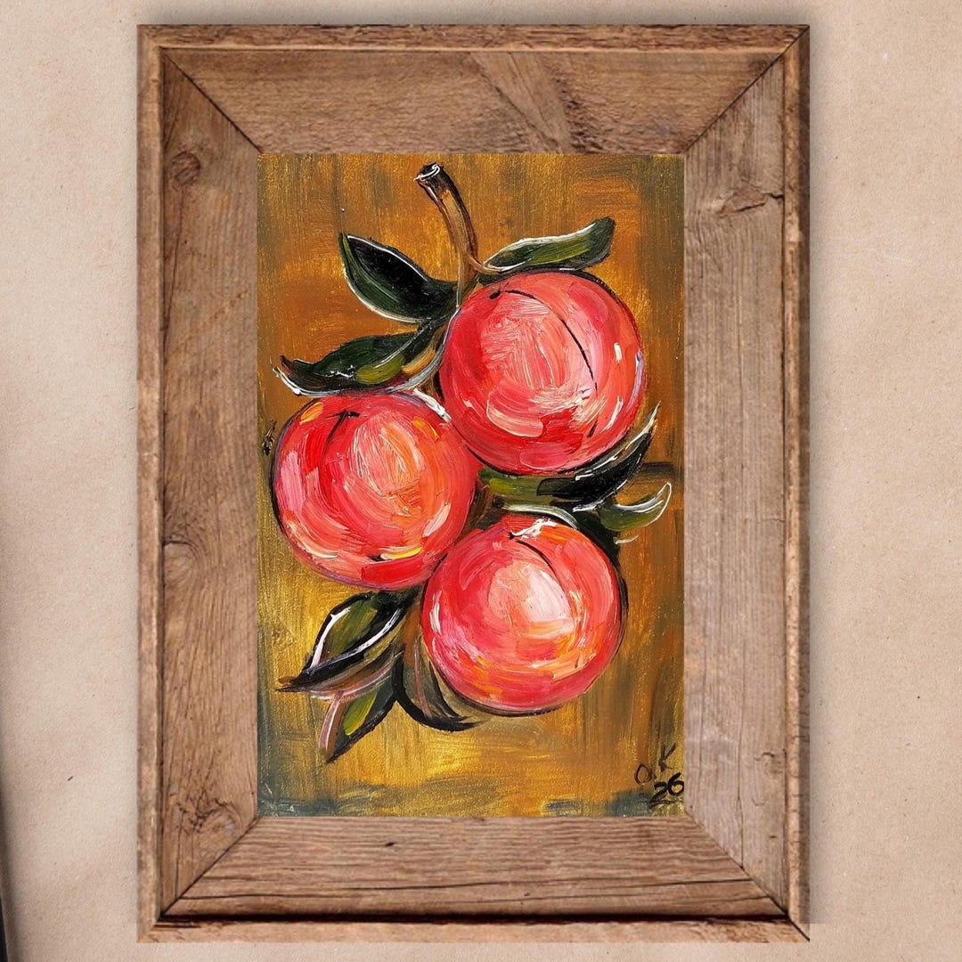 Peach Oil Painting Original Miniature Still Life Kitchen Fruit Art