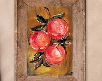 Peach Oil Painting Original Miniature Still Life Kitchen Fruit Art