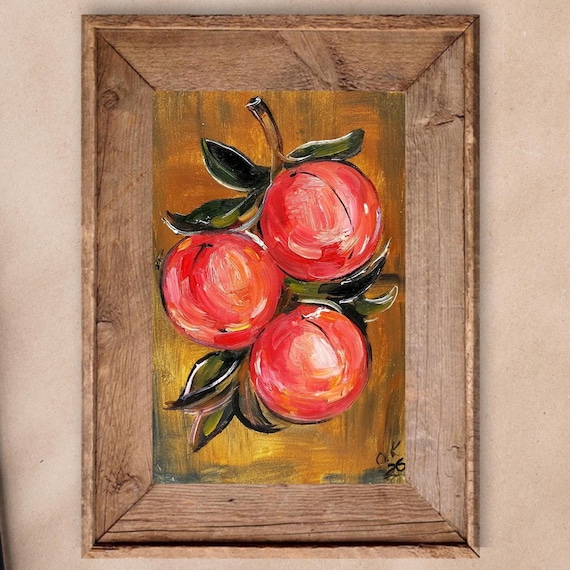 Peach Oil Painting Original Miniature Still Life Kitchen Fruit Art