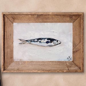 Sardine painting mini painted artwork Original oil painting fish art farmhouse kitchen decor vintage 4x6