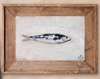 Sardine painting mini painted artwork Original oil painting fish art Still life farmhouse kitchen decor vintage 4x6