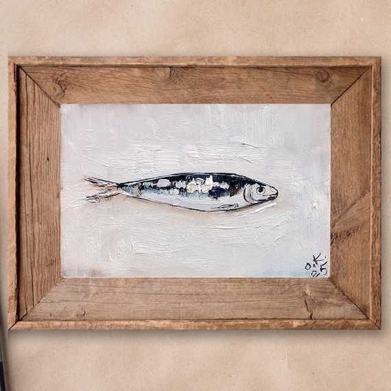 Sardine painting mini painted artwork Original oil painting fish art Still life farmhouse kitchen decor vintage 4x6