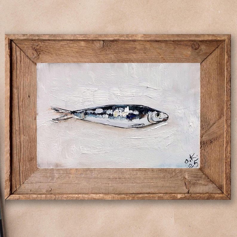 Sardine painting mini painted artwork Original oil painting fish art farmhouse kitchen decor vintage 4x6