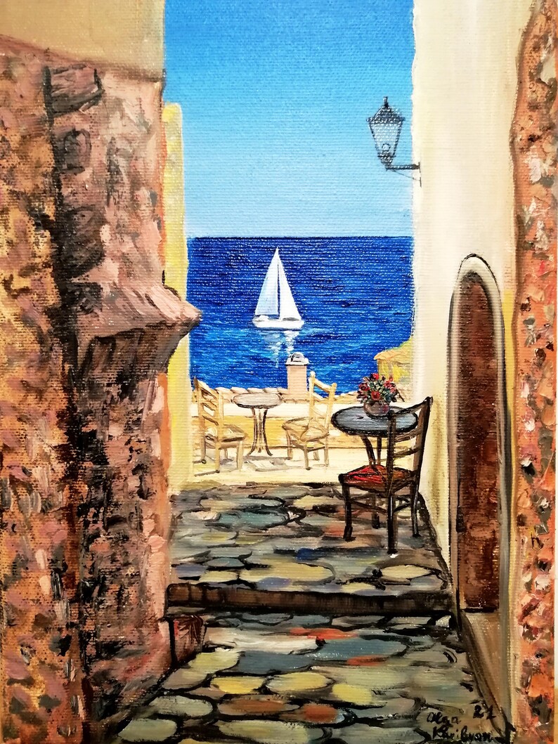 Greece wall art oil painting Canvas Santorini greece art Greek island oil painting