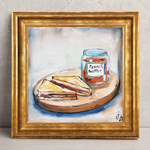 Oil painting peanut butter toast original food wall art Small still life oil painting moody kitchen art 6x6