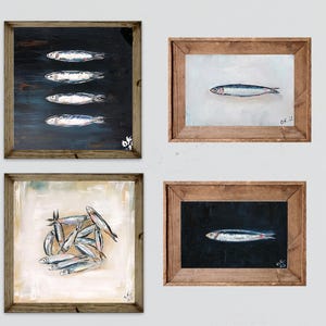 Sardine art original painting Sardines still life oil painting miniature Anchovy fish painting French country kitchen art 4x6