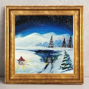 Christmas Tree Painting Winter Original Art Night Sky Oil Painting Pine Tree Wall Art Small Landscape Artwork 6 by 6