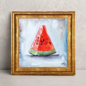 Watermelon Slice Oil Painting: Summer Fruit Still Life, 6x6 Kitchen Art