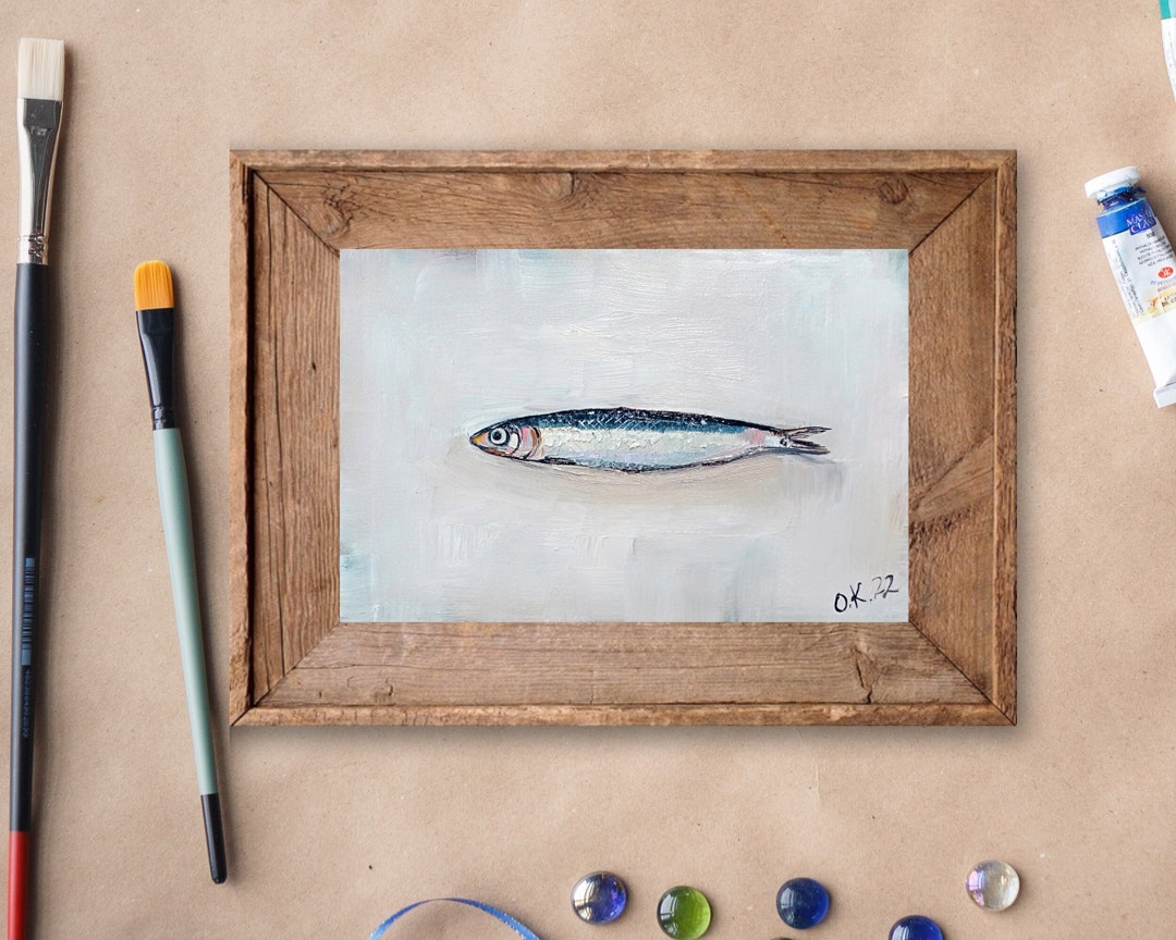 Sardine Art Original Painting Sardines Still Life Oil Painting Miniature Anchovy Fish Painting