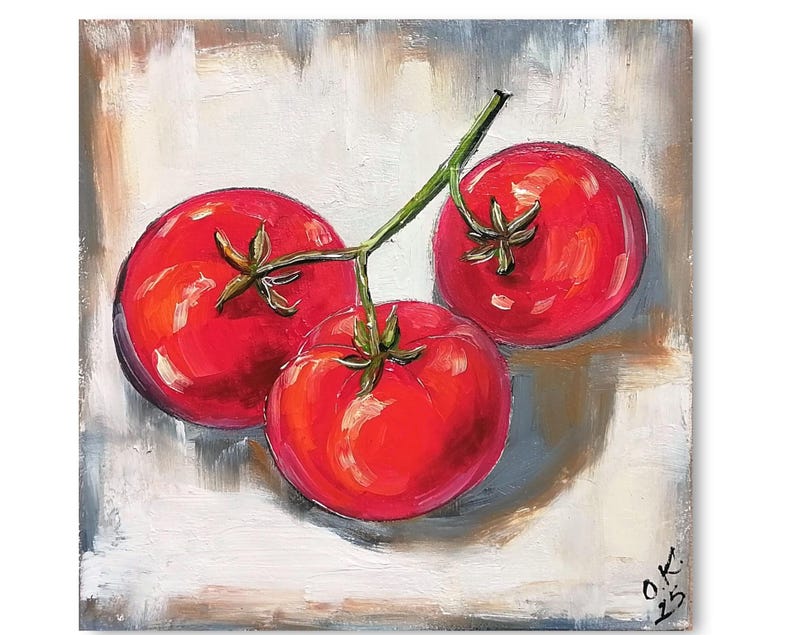 Tomato oil painting original miniature art Small still life oil painting vegetable wall art farmhouse kitchen food art moody painting 4x6 #2 6x6 inch panel