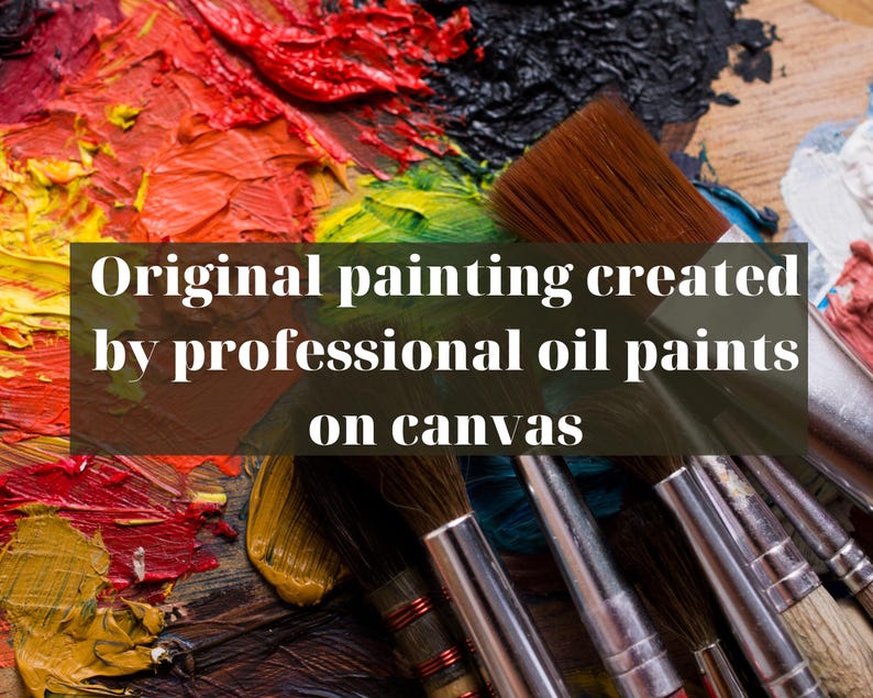 May include: Close-up of a canvas with vibrant oil paints in red, yellow, and black. The text "Original painting created by professional oil paints on canvas" is overlaid. Paintbrushes are visible.