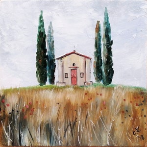 Tuscany painting original oil art Autumn Italy painting Italian cypress countryside landscape wall art small florence artwork 8x8