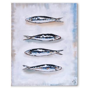 Sardine art original painting Sardines still life oil painting miniature French country kitchen art 4x6 #3 10x8 inch panel