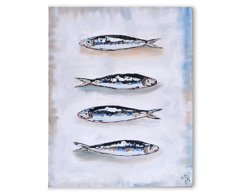 Sardine art original painting Sardines still life oil painting miniature French country kitchen art 4x6 #3 10x8 inch panel