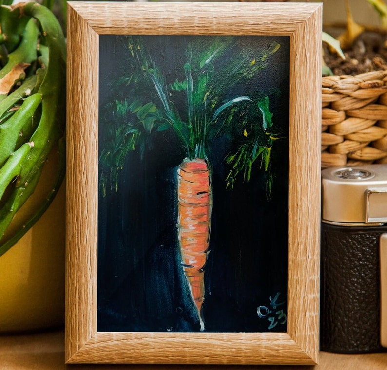 Carrot art original painting Vegetable still life oil painting miniature French country kitchen art 6x4