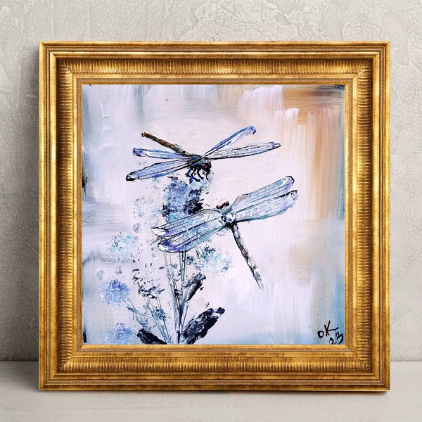Dragonfly art original painting Botanical insect oil painting miniature French country dragonfly painting neutral floral art 6x6