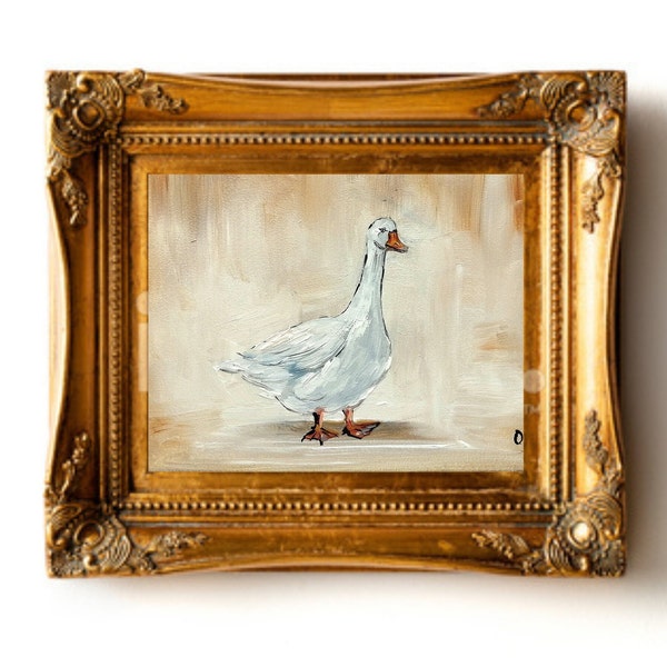 Duck painting original miniature art Vintage small goose oil painting  farmhouse kitchen wall art country decor moody minimalist art 4x6